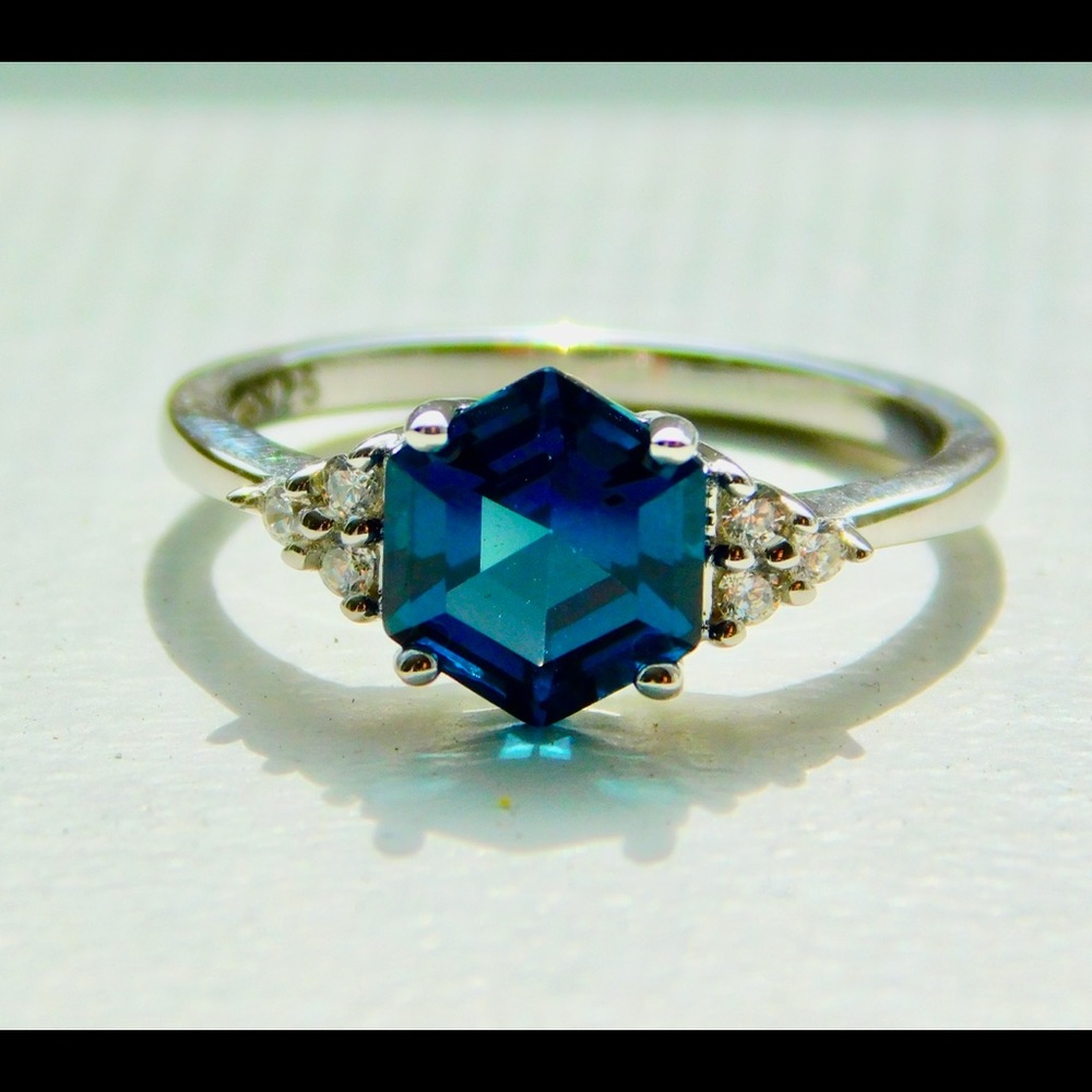 Hexagon London Blue Topaz Sterling Silver Engagement Ring Size 5 6 7 9
